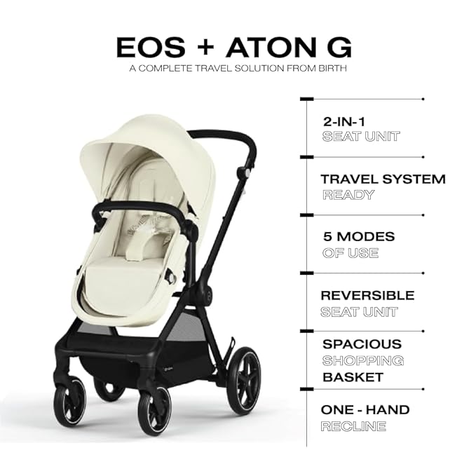 Cybex EOS 5-in-1 Travel System Stroller + Lightweight Aton G Infant Car Seat, Seashell Beige