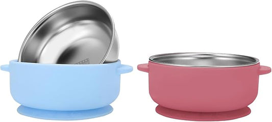 2 Pack Stainless Steel Baby Bowls with Removable Non-Slip Silicone Suction Shell, Anti Scald Food Container for Baby Food Feeding-Skyblue & Red