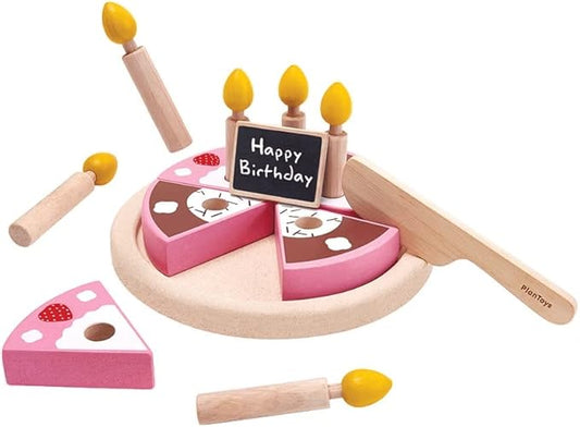 PlanToys® Pretend Play Birthday Cake Set | Food Toy with Removable Slices, Candles, Wooden Knife & Chalkboard Nameplate | Educational Toy for Imagination, Fine Motor Skills & Social Play