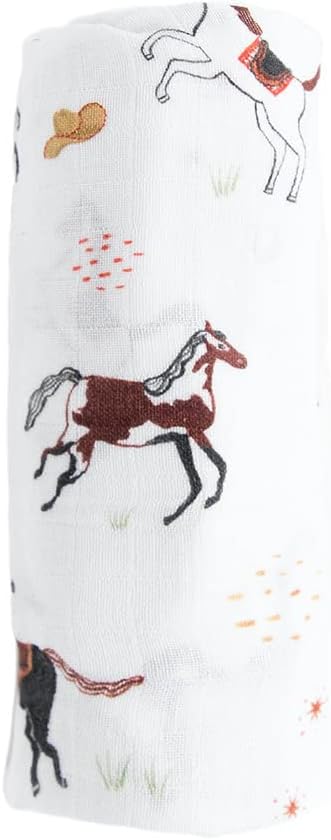 RED ROVR 100% Organic Cotton Muslin Swaddle | Newborn Receiving Blanket | Baby Wrap | Boy, Girl, Unisex | Soft, Lightweight, Breathable | Burping, Nursing | 44" x 44" | Howdy Horse