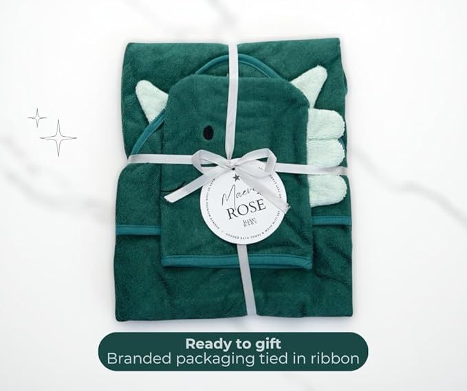 Hooded Baby Towel with Mitt - Ultra Soft Plush Bath Essential for Newborn, Infant & Toddler - Premium 30x30 Inch Large Absorbent Baby Bath Towels with Hood for Boys & Girls (Happy Dino)