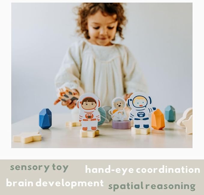 Toddler 30 Piece Stacking Wood Blocks Space Gift - Montessori 2 Year Old Fine Motor Skills Toy Learning Stacking Shape Sorter Sensory Preschool Busy Journey to the Moon (Block Set, Wood)