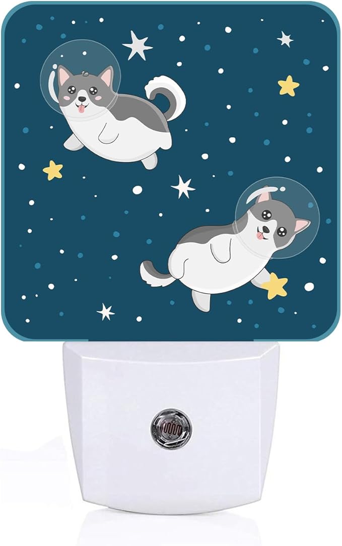 Cute Husky Astronauts on Space Night Light,Plug-in Night Lights with Dusk-to-Dawn Sensor for Stairway,Hallway,Bedroom Sleep Friendly Ideal for Women/Girls/Boys Gift,0.5w