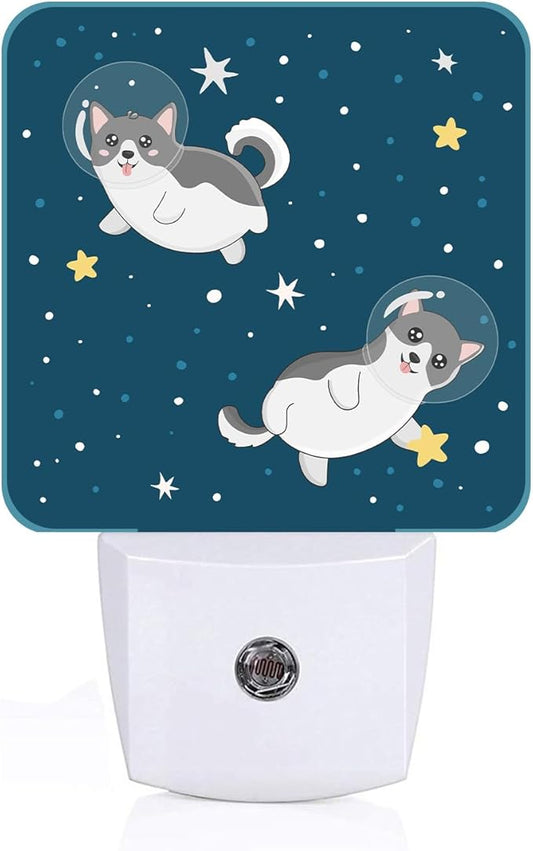 Cute Husky Astronauts on Space Night Light,Plug-in Night Lights with Dusk-to-Dawn Sensor for Stairway,Hallway,Bedroom Sleep Friendly Ideal for Women/Girls/Boys Gift,0.5w