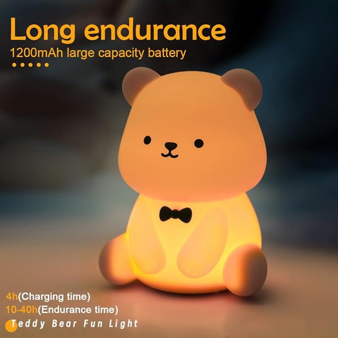 S NMT Silicone Teddy Bear Night Light for Kids Room, Rechargeable 7 Colors Changeable 3 Level Brightness Timing Sleeping Lamp Kawaii Nursery Night Lights for Kids Room Gift Decor