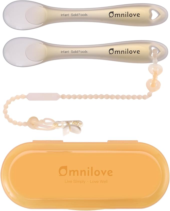 Silicone Baby Spoons 2-Pack with Case, Self Feeding 6 Months, Baby Led Weaning Supplies, Toddler Utensils with Safety Chain, Toddler Essentials, Dishwasher Safe Baby Safety Products