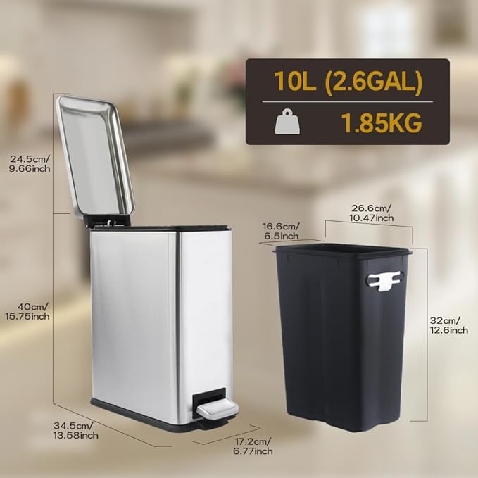 Bathroom Trash Can, 2.6 Gallon Trash Can with lid, Stainless Steel Garbage Can with Removable Liner Bucket, Pedal Rectangle Trash Bin for Bathroom, Office, Kitchen, Bedroom, 10 Liter