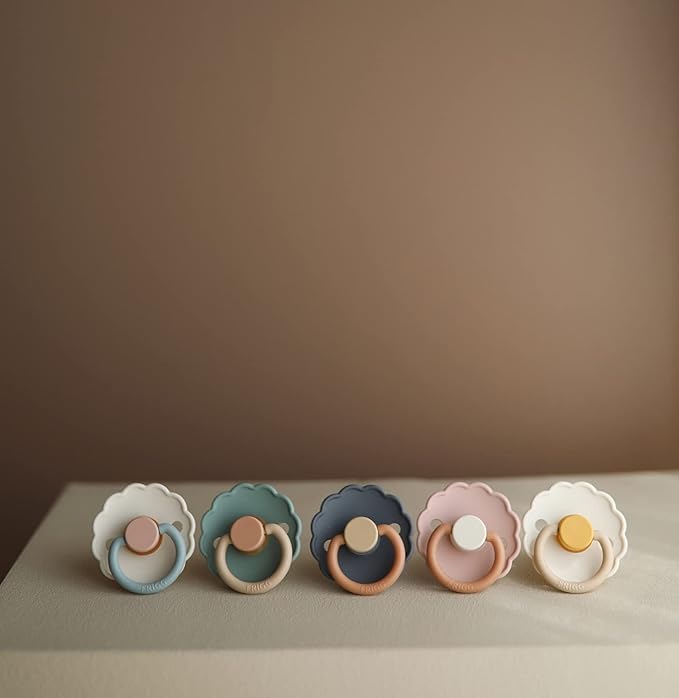 FRIGG Daisy Natural Rubber Baby Pacifier | Made in Denmark | BPA-Free (Chamomile/Peach Bronze, 0-6 Months) 2-Pack