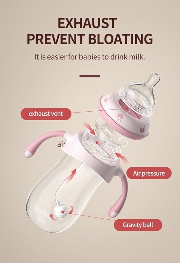 Baby Bottles, Weighted Straw Toddler Milk Bottles with Non-Slip Handle, Size + Variable Fast Flow, 12+ Months, BPA-Free, Pink/2Pack/9oz