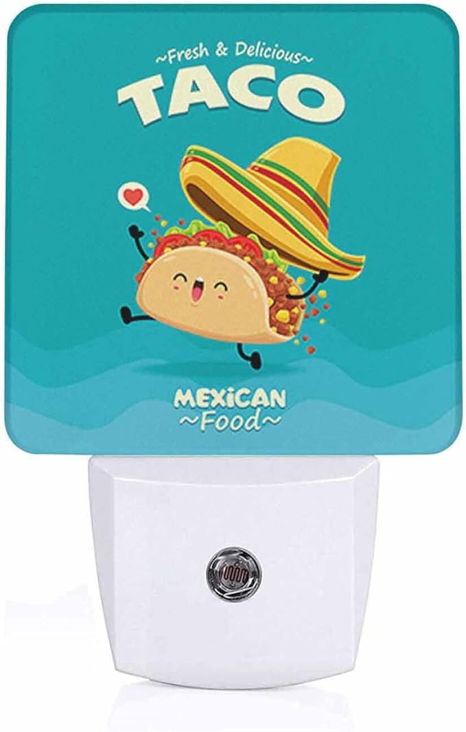 LED Night Light,Vintage Mexican Food Taco Character LED Night Light Plug into Wall with Dusk to Dawn Light Sensor White Energy Efficient Nightlight for Bedroom Bathroom Hallway Living Room Kitchen