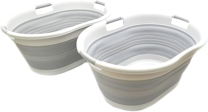 SAMMART 57L (15 Gallons) Collapsible 3-Handled Plastic Laundry Basket - Oval Tub - Portable Washing Tub-Space Saving Laundry Hamper, Water Capacity 44L / 11.6 Gallon (2, Grey/Grey)