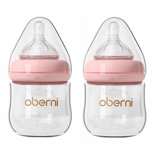 Glass Baby Bottles,Anti Colic Breastfeeding Bottle with Natural Response Nipple Size S,Wide Neck Slow Flow Baby Bottle for Baby,Newborn,Preemie 0-3 0-6 Month,BPA Free (Pink, 2 Pack, 4 Ounce)