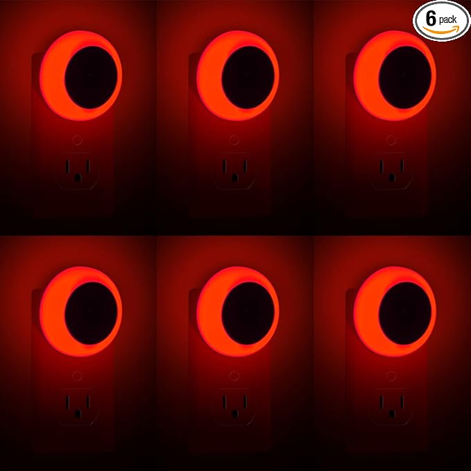 KINUR 6 Pack Red LED Plug into Wall with Dusk to Dawn sensors Plug in Night Lights for Kids Room, Bedroom, Bathroom, Baby Nursery,Stair Lights, Hallway Light