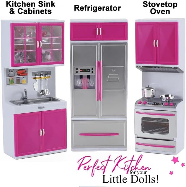 Doll Kitchen Playset for Kids, My Modern Mini Kitchen House Furniture Pretend Play Toy Accessories Set with Realistic Lights & Sounds for Toddlers, Girls (3-in-1)