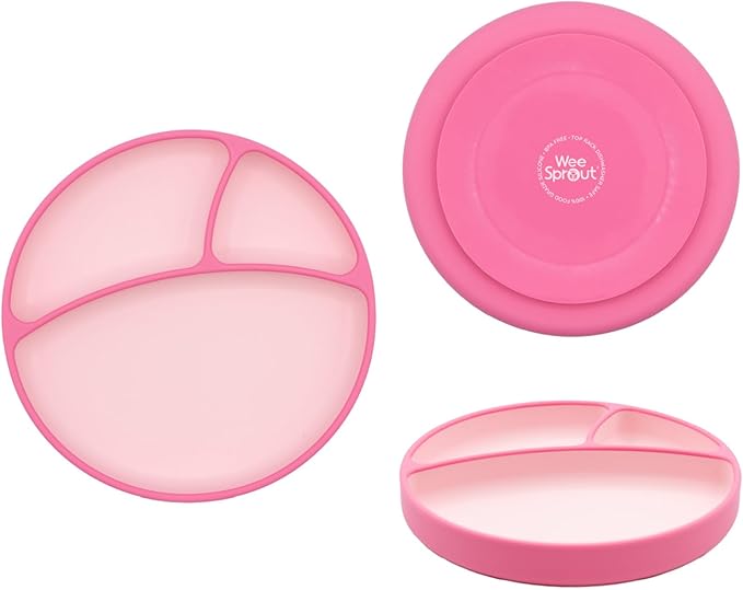 WeeSprout Silicone Suction Plate - Two-Tone Baby Plate with Suction Cup - Sectioned Divided Dish for Kids, Infants, Toddlers - Food-Grade Silicone Dinnerware (Pastel Pink/Bright Hot Pink)