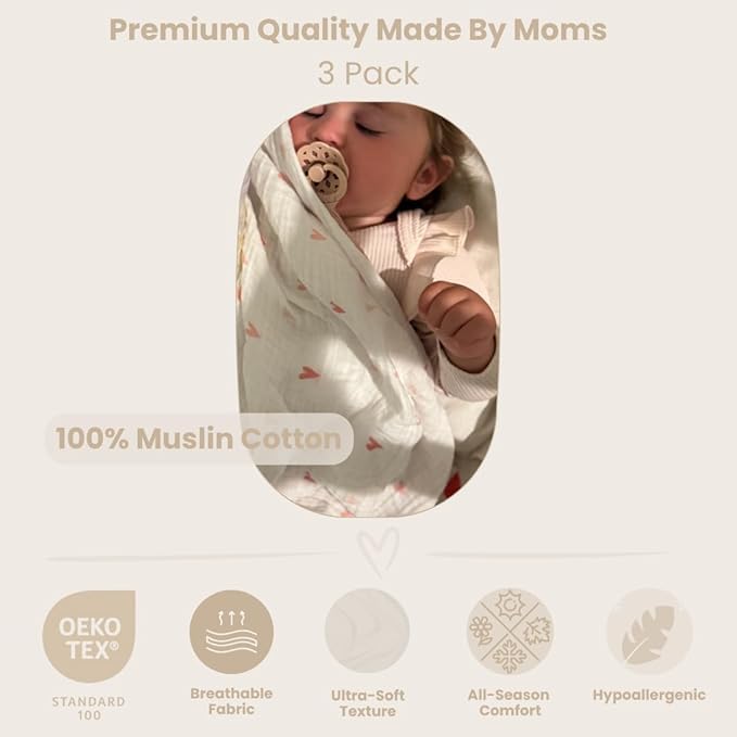 100% Muslin Cotton Baby Receiving Cloths, 3-Pack, 27x27 in (70x70cm), Soft & Gentle for Newborns, Sensitive Skin Safe, For Feeding, Burping & Comfort, 0+ Months (Hearts/Teddy Bear/Clouds)