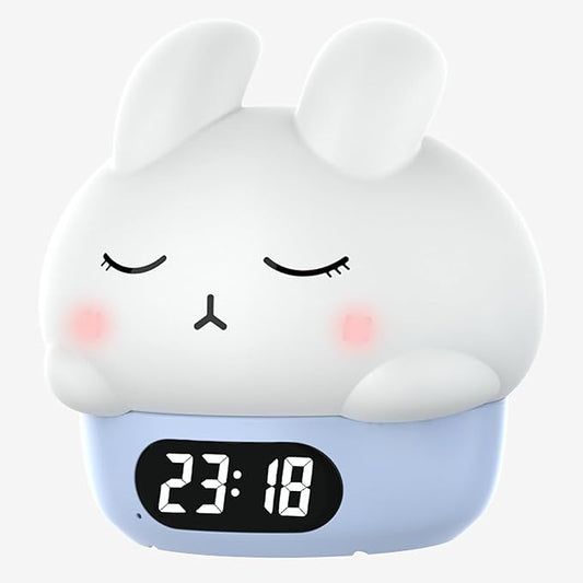 Cute Bunny RGB Rechargeable Night Light, Soft Silicone Lampshade, Adjustable Brightness LED Clock, Date, Alarm, Thermometer, Timer, Tap Control, Bedroom Lamp, Gift for Girl and Kid (Blue Bunny)