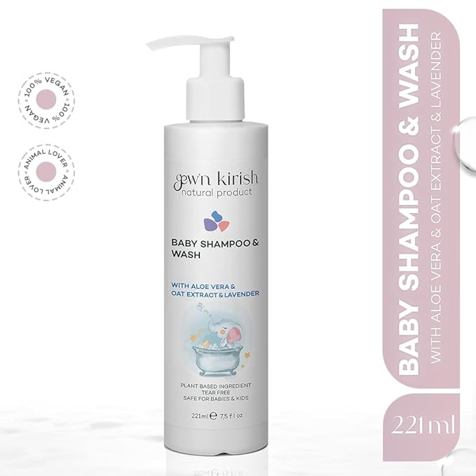Gew’n Kirish Natural Baby Shampoo & Body Wash – Tear-Free, Hypoallergenic Cleanser with Lavender Oil, Aloe Vera & Oat Extract, Plant-Based, Vegan, Sulfate-Free Formula, 7.5 fl oz