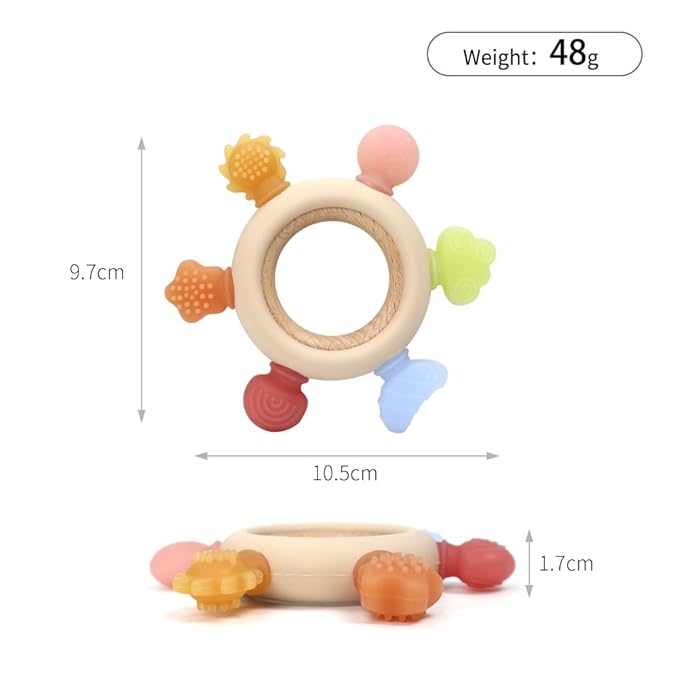3Pcs Baby Silicone Teether Toy Set - Food-Grade Silicone Teething Relief Toys,Wooden Ring Teether Cute Bear Toy and Toy Straps for Babies 3-12 Months(Pink)