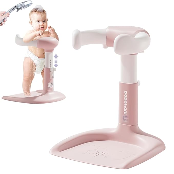 Baby Shower Stand 2025 Upgraded, Baby Bath Support, Shower Standing Support with Adjustable Height and Armrest, Bath Stand with Anti-Skip and Shower Head Holder, Ideal Gift for Infants 6-36 Months
