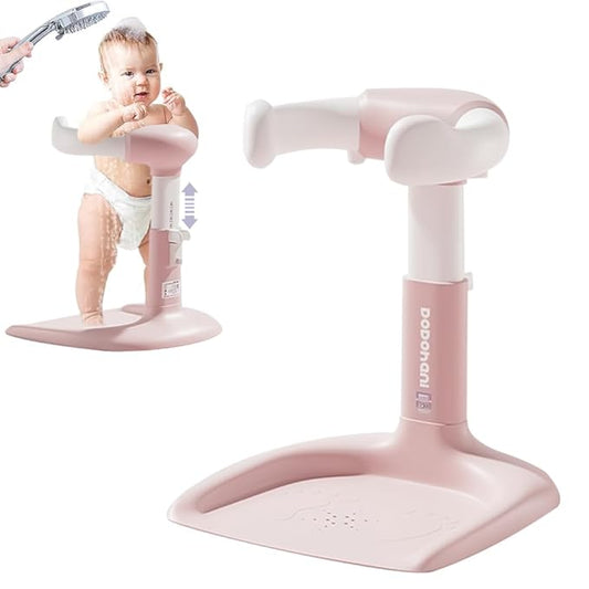 Baby Shower Stand 2025 Upgraded, Baby Bath Support, Shower Standing Support with Adjustable Height and Armrest, Bath Stand with Anti-Skip and Shower Head Holder, Ideal Gift for Infants 6-36 Months