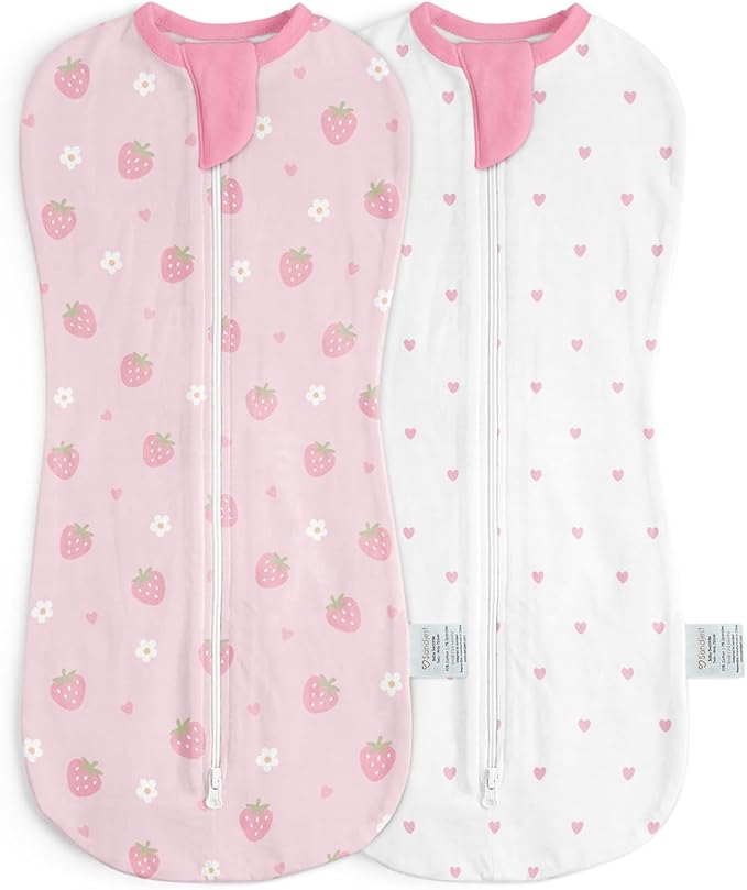 Baby Swaddle 0-2 Months, Cotton Arm-In Zipper Sleep Sack, Wearable Blankets Wrap for Newborn Infant Girls (Strawberry, Heart, Pack of 2)