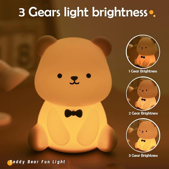 S NMT Silicone Teddy Bear Night Light for Kids Room, Rechargeable 7 Colors Changeable 3 Level Brightness Timing Sleeping Lamp Kawaii Nursery Night Lights for Kids Room Gift Decor