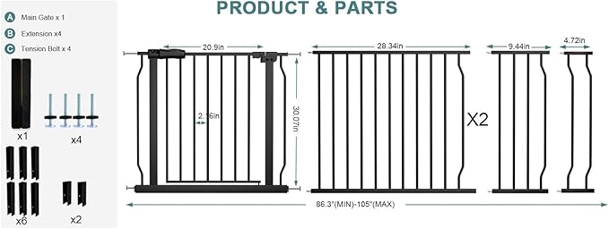Extra Wide Baby Dog Gates for Doorways Tension Indoor Safety Gates Black Metal Large Pressure Mounted Pet Gate Walk Through Dog Gate for The House Stairs (Black, 86.3"-105"/219-267CM)