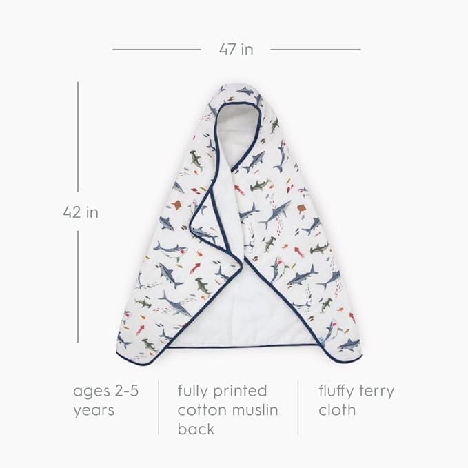 Little Unicorn Premium Hooded Bath Towel| Absorbent Cotton & Terry Blend | Larger Size, 1-6 Years (Shark)