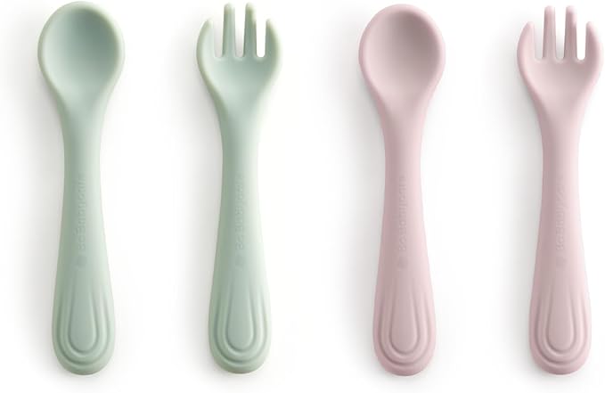 Bc Babycare Portable 4 Pack Baby & Toddler Self Feeding Fork and Spoon Set with Storage Case, BPA-Free Silicone Utensils for Boys and Girls, Safe & Easy to Carry, Green & Pink