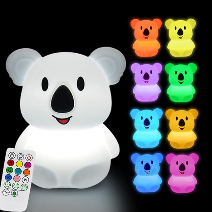 Large Koala Night Lights Kid Bedside Bedroom Light, Nursery Moon lamp, Portable Color Changing Care Lamps - Break Resistant, Eye Caring, Adjustable Brightness & Color and Time Setting - Large