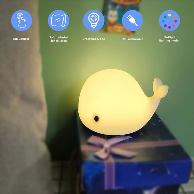 Night Light for Kids, Cute Silicone Nursery Dolphin Lamp for Baby and Toddler, Animal NightLight for Bedroom, Squishy Night Lamp for Kids Room (Dolphin)