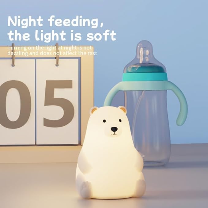 Polar Bear Silicone Night Light for Kids Nursery Bedroom - Tap Control, 3 Adjustable Brightness, USB Rechargeable, Child-Safe Soft Glow LED Lamp, Baby Gift Idea