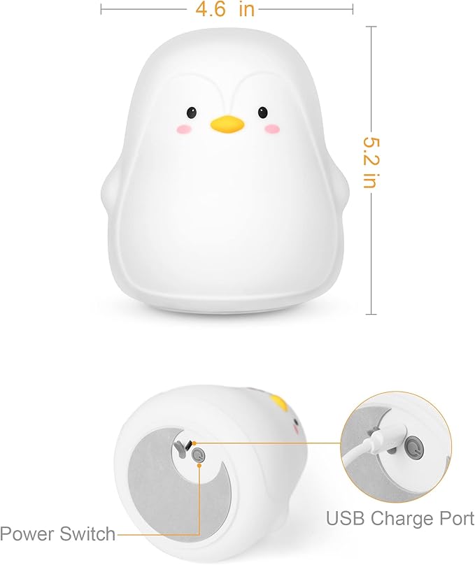 Penguin Night Light, USB Rechargeable Silicone LED Night Light for Kids, Multicolor Cute Nursery Night Lights with Warm White and 7-Color Breathing Mode,Christmas Gift for Kids Baby Children Bedrooms