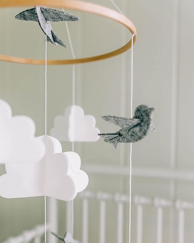 Sorrel + Fern Baby Crib Mobile - Birds in The Clouds w/Garland - Nursery Decor for Boys & Girls