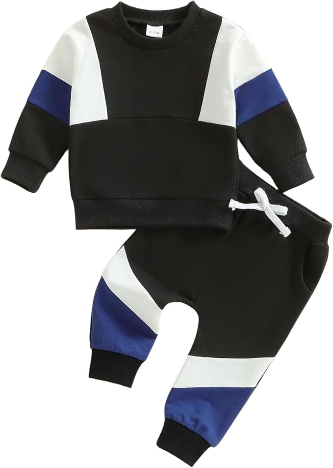 Kupretty Toddler Baby Boy Fall Winter Clothes Color Block Long Sleeve Sweatshirt Pullover Tops + Joggers Pants Outfit Set
