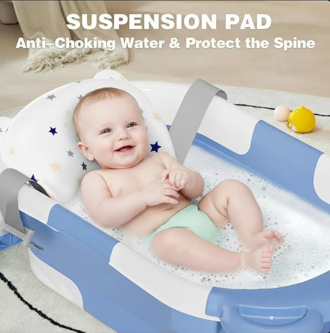 TPN Collapsible Baby Bathtub, Baby Bath Tub with Soft Cushion & Real-Time Thermometer, Baby Bathtub Infant to Toddler Tub (0-36 Months), Portable Travel Baby Tubs for Newborns (Blue)