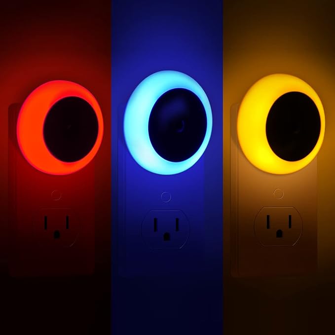 6 Pack LED Night light, LED night lights plug into wall with dusk to dawn sensors, plug in night lights for kids room, bedroom, bathroom, baby nursery,Stair Lights, Hallway Light, Red, Blue, Amber