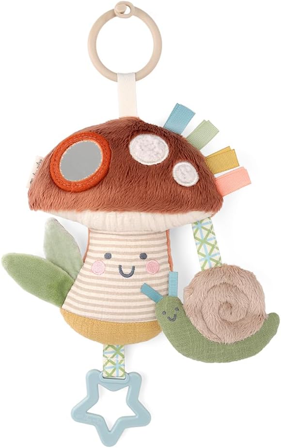 Itzy Ritzy Bitzy Traveler Car Seat & Stroller Toy for Babies – Developmental Sensory Toy Features Crinkle & Rattle Sounds & Multiple Textures –Hanging Travel Toy for On-the-Go Entertainment (Mushroom)
