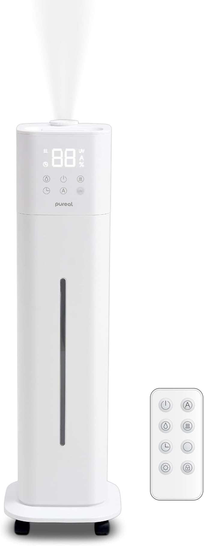 Pureal 10L Tower Humidifier, 83H Runtime, Warm & Cool Mist, Large Room, Top-Fill Tank On Wheels, Auto Mode, 12H Timer, Remote Control, Mood Light, White