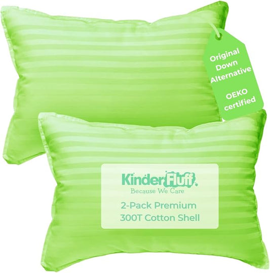 kinder Fluff Kids Pillow (2Pack) 16x24in - Youth Pillows for Kids Age 7+, 100% Cotton Sateen Stripes 300T, Down Alternative Fill, Machine Washable - Children & Travel Cushion - Green - L