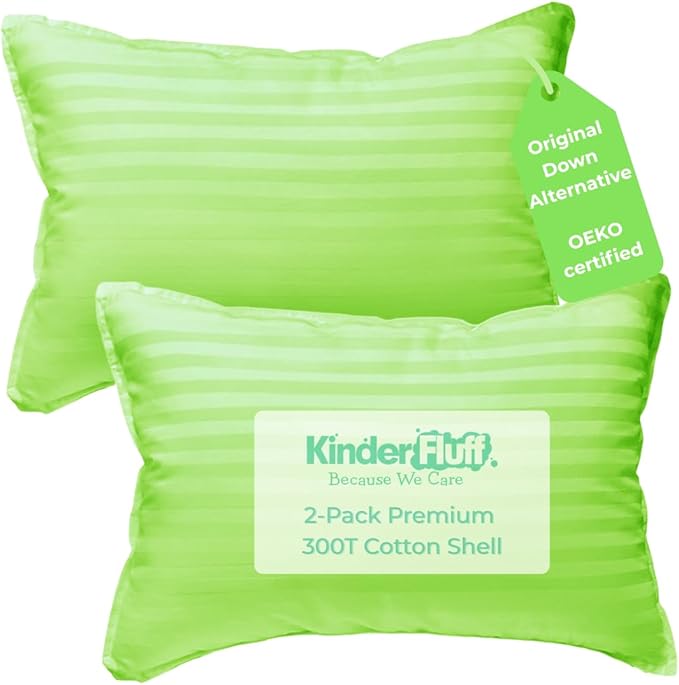 kinder Fluff Toddler Pillow (2Pack) 10x15in - First Pillow for Kids Age 2+, 100% Cotton Sateen Stripes Shell 300T, Down Alternative Fill, Machine Washable - Children & Travel Cushion - Green - XS