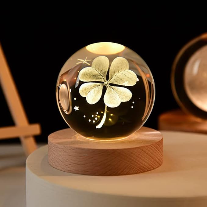 3D Clover Laser Engraved Pattern with Wooden Lighted Base, USB Powered Cable with Switch, Night Light Decoration, Good Luck Gifts Ideas with Multicolor Lighting Base