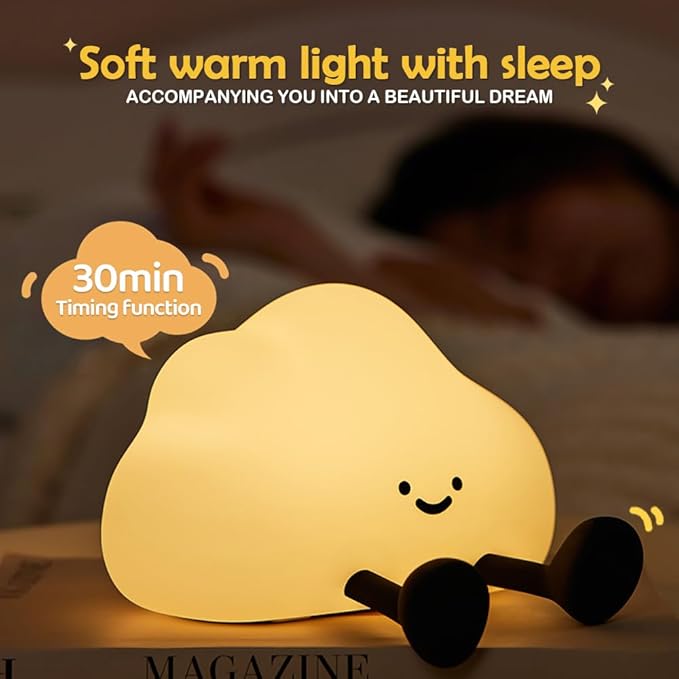 Cute Cloud Night Light Silicone Nursery USB Rechargeable Christmas Sleeping Bedside Lamp Touch Sensor Nightlights for Bedroom