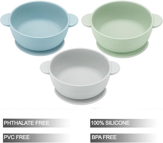PandaEar 3 Pack Suction Bowls for Baby Toddlers 6-12 months, Silicone Baby Bowls with Suction for Food Feeding, BPA Free Toddler Bowls, Microwave and Dishwasher Safe
