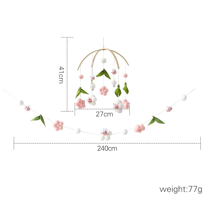 Baby Mobile for Crib, Crib Nursery Mobile for Boys Girls, Boho Bee Flower Nursery Decor Soothe Toy Baby Shower Set for Infant Bedroom Hanging Decoration Toy, Pink