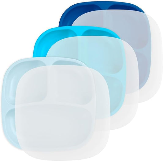 Re-Play Toddler Plates with Dividers - Deep-Walled 3 Compartments Divided Plates for Kids with 3 Lids - Dishwasher & Microwave Safe - Made in USA - Set of 3-7.37" x 7.37" x 1.25" - Bluesy