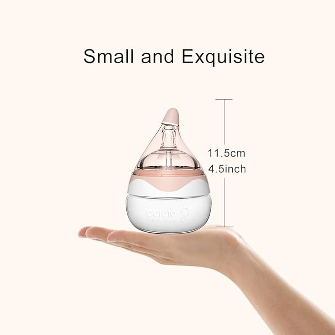 POTATO Glass Baby Bottles for Newborn Babies, Anti Colic Breastfeeding Bottle with Wide Neck, Slow Flow, 2pack, 2.5oz, Pink