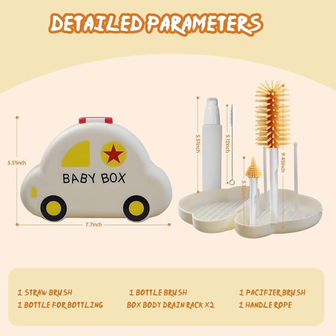 7-in-1 Baby Bottle Brush Set with Silicone Nipple & Straw Brushes, Soap Dispenser, Foldable Drying Rack, Portable Case – for Home & Travel