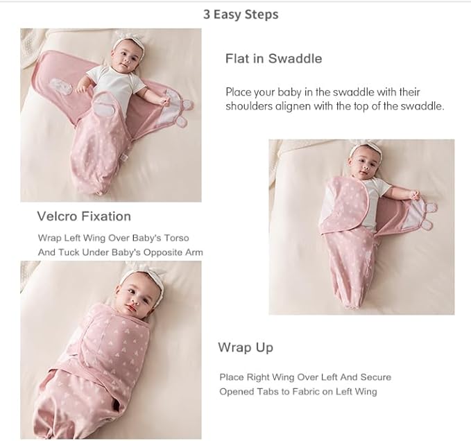 insular Baby Swaddle Wrap, Swaddle Blanket for Newborn and Infant, Adjustable Velcro Swaddling Set for Boy and Girl, Soft Cotton Baby Sleep Sack 3 Pack, Pink Swan, Small(0-3M)